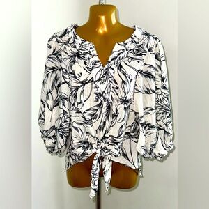 Black & White Tie Front Puff Sleeve Blouse | Size L | Chic Lightweight Floral
